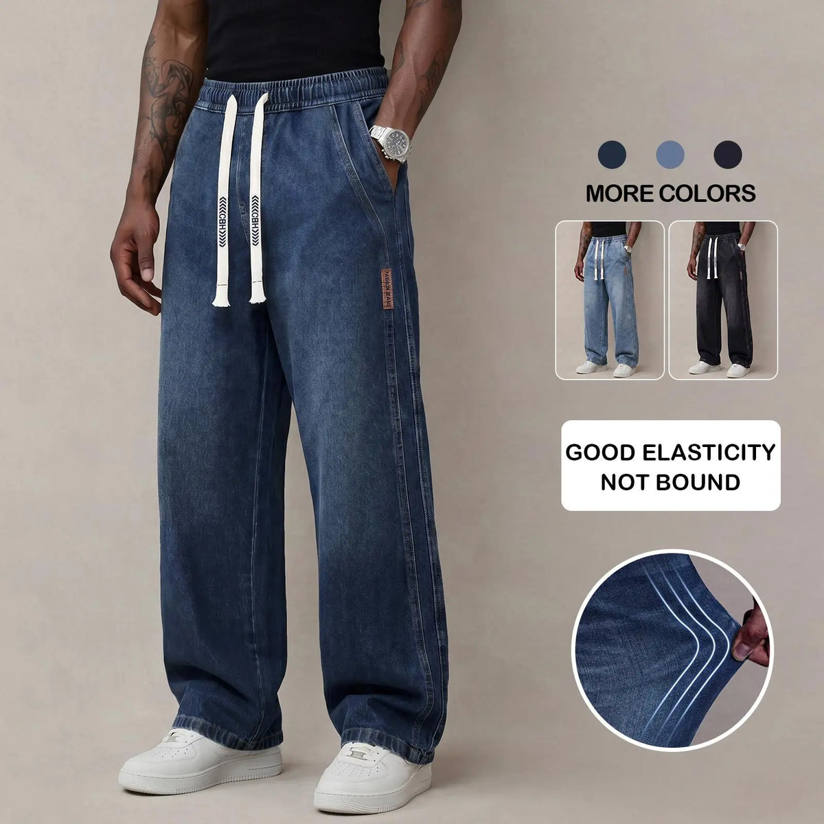 Men's Stretch Cotton Loose-Fit Drawstring Jeans