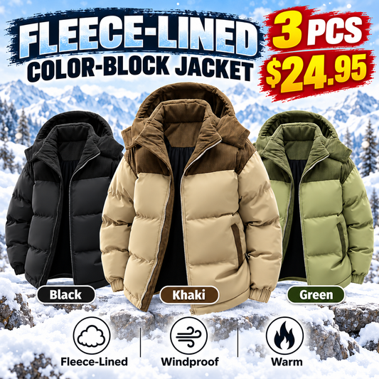 🔥 BESTSELLER | 3PCS $24.95 | Men's Fleece-Lined Color-Block Hooded Winter Jacket