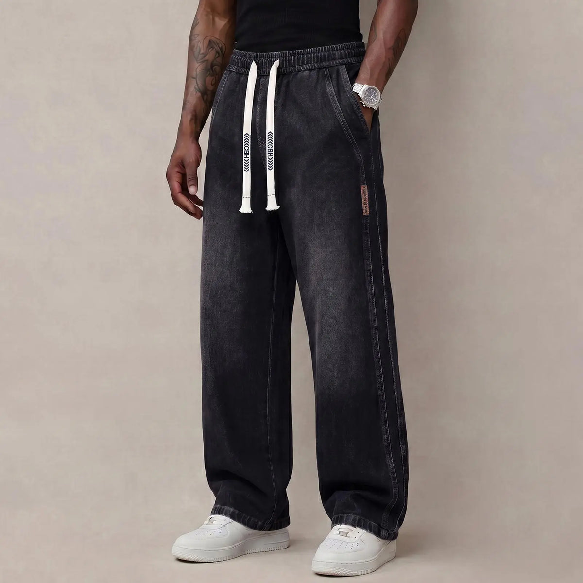 Men's Stretch Cotton Loose-Fit Drawstring Jeans