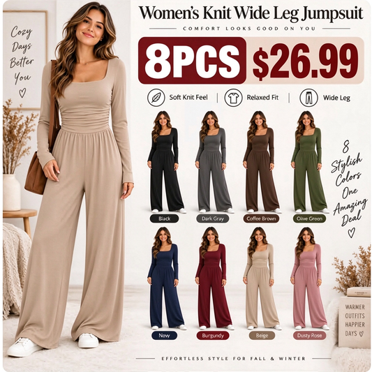 🔥 BESTSELLER | 8PCS $26.99 | Women's Knit Wide Leg Jumpsuit