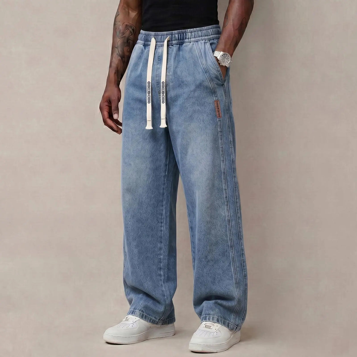 Men's Stretch Cotton Loose-Fit Drawstring Jeans