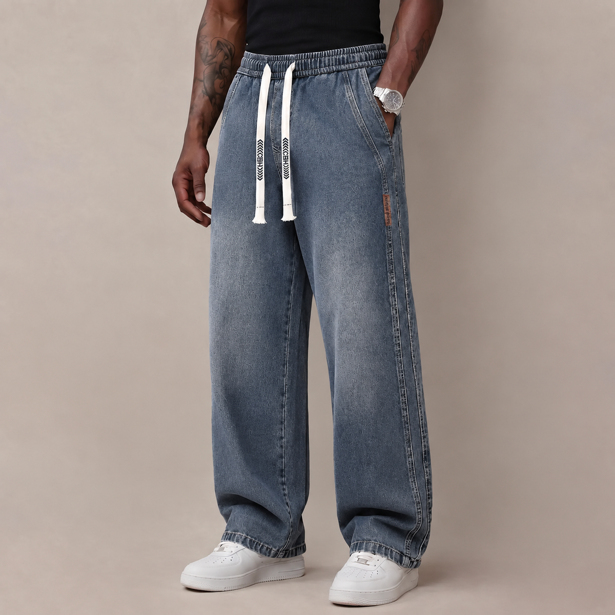 Men's Stretch Cotton Loose-Fit Drawstring Jeans