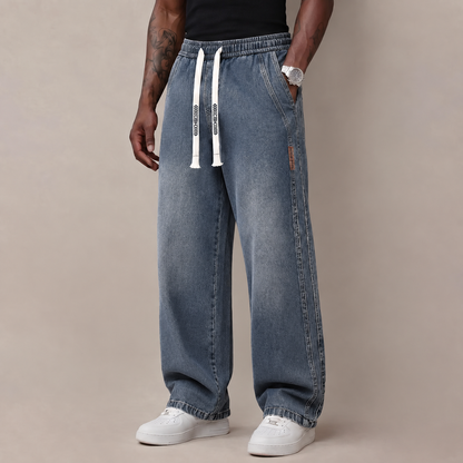 Men's Stretch Cotton Loose-Fit Drawstring Jeans