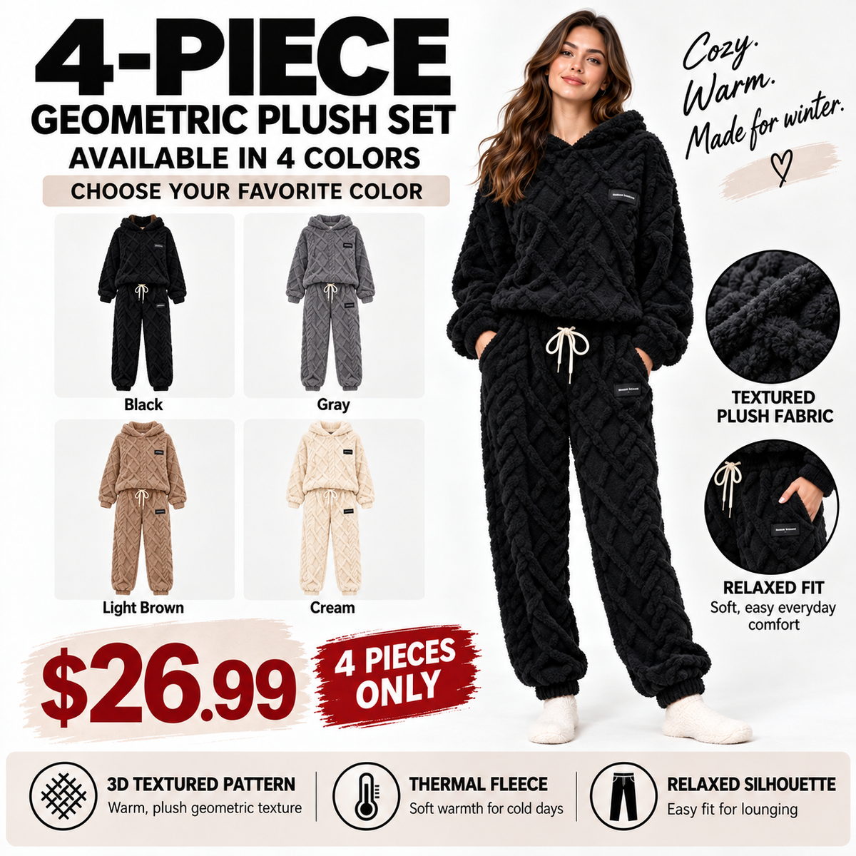🔥 50% OFF ✨ Women's Plush Ribbed Hoodie & Pants Set 🧸 Soft, Warm & Ultimate Comfort