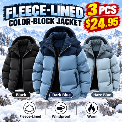 🔥 BESTSELLER | 3PCS $24.95 | Men's Fleece-Lined Color-Block Hooded Winter Jacket