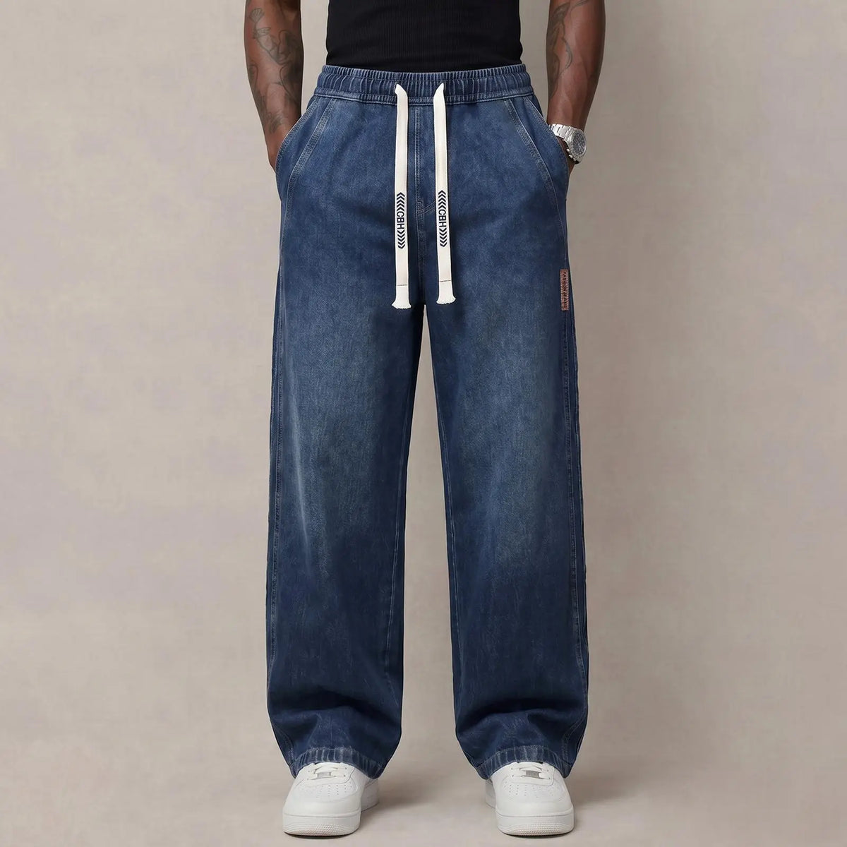 Men's Stretch Cotton Loose-Fit Drawstring Jeans